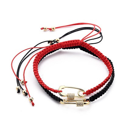 Couple Adjustable Nylon Thread Braided Bead Bracelets, with Brass Micro Pave Clear Cubic Zirconia Links and Brass Beads, Safety Pin Shape, Real 18K Gold Plated