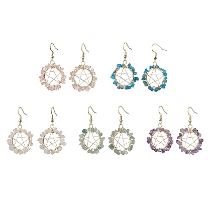 Серьги с подвесками из смешанных натуральных и синтетических драгоценных камней, серьги из золотой проволоки со звездами