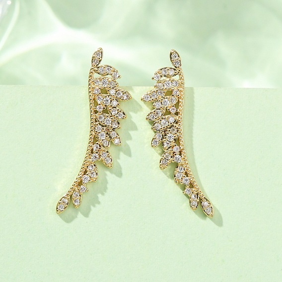Brass Pave Cubic Zirconia Stud Crawler Earrings, Leaf, Real 18K Gold Plated, Cadmium Free & Lead Free, Long-Lasting Plated, Rack Plating