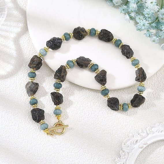 Raw Rough Natural Iolite and Dyed White Jade Rondelle Beaded Necklaces, with 304 Stainless Steel Toggle Clasps