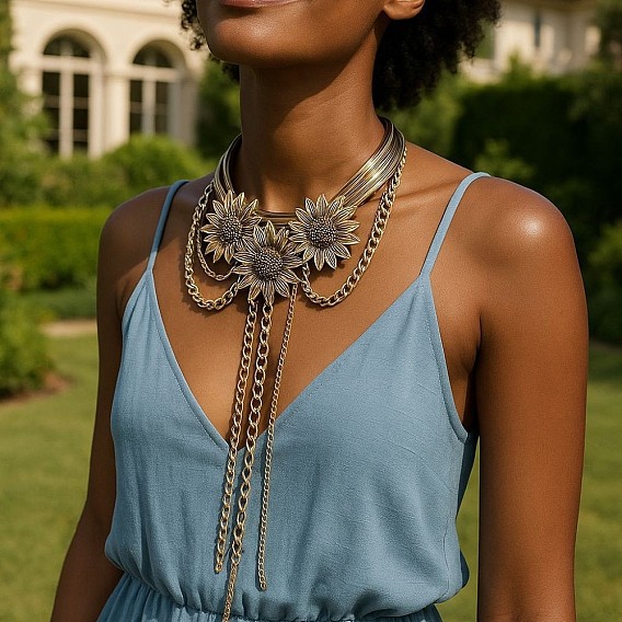 Многослойные ожерелья-чокеры с кисточками из цинкового сплава подсолнечника для женщин