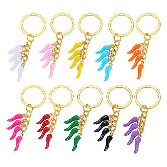 10Pcs 10 Colors Alloy Enamel Horn of Plenty Pendant Keychain, with Iron Split Key Rings, Golden