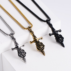 Stainless Steel Flower Sword Pendant Necklaces for Men