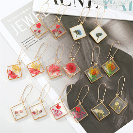 Retro Geometric Square Dangle Earrings with Colorful Preserved Flowers