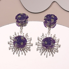 Resin Flower Dangle Stud Earrings, Zinc Alloy Long Drop Earrings for Women
