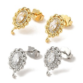 Rack Plating Brass Oval Stud Earrings Findings, with Clear Cubic Zirconia, Long-Lasting, Lead Free & Cadmium Free