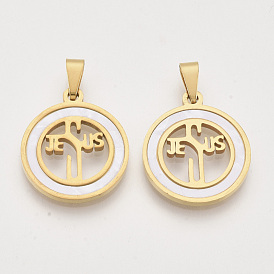 Religion Theme 201 Stainless Steel Pendants, with Shell and Random Size Snap on Bails, Flat Round with Word JESUS