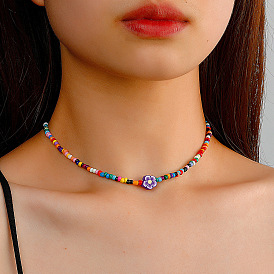 Bohemian Colorful Handmade Beaded Necklace with Minimalist Clay Flower Pendant