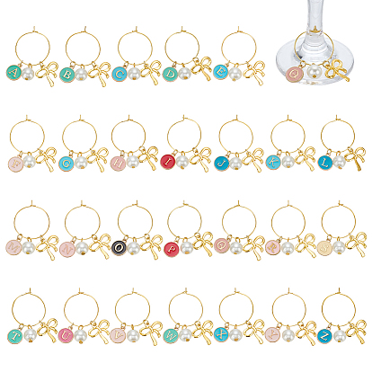 26шт стеклянные подвески для бокалов для вина, с эмалевым сплавом и акриловыми подвесками с имитацией жемчуга, латунное кольцо-подвеска для бокала для вина, бантом, золотые
