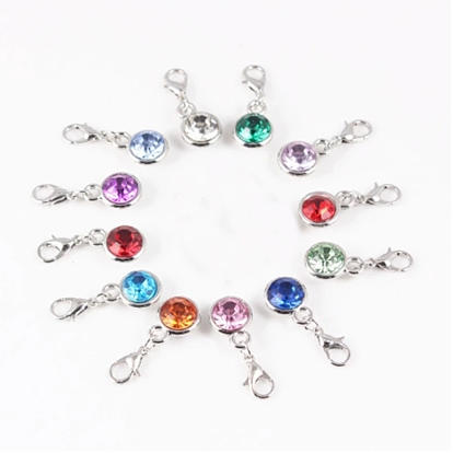 303 décoration pendentif strass en acier inoxydable, charmes de naissance, avec fermoirs mousqueton en alliage de zinc et anneaux ouverts en fer