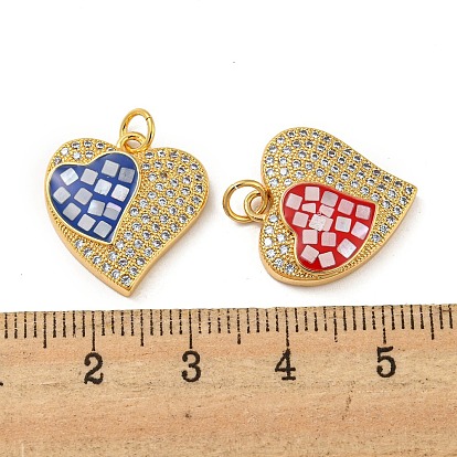 Brass Micro Pave Cubic Zirconia Pendants, with Enamel & Shell, Jump Rings, Real 18K Gold Plated, Heart