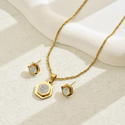 Ожерелья и серьги-гвоздики из нержавеющей стали с шестигранной подвеской и стразами для женщин