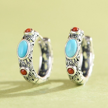 Овальные серьги-кольца из искусственной бирюзы, с фурнитурой из стерлингового серебра и натуральным агатом.