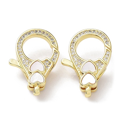 Rack Plating Brass Micro Pave Clear Cubic Zirconia Lobster Claw Clasps, with Natural Shell, Cadmium Free & Lead Free, Long-Lasting Plated, Real 18K Gold Plated
