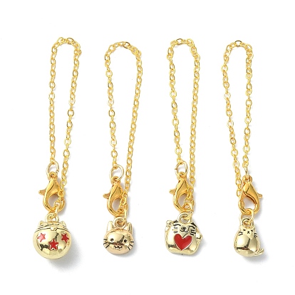 4Pcs Cat Shape Alloy Enamel Cup Pendant Decorations, with Brass Flat Oval Cable Chains and Alloy Lobster Claw Clasps