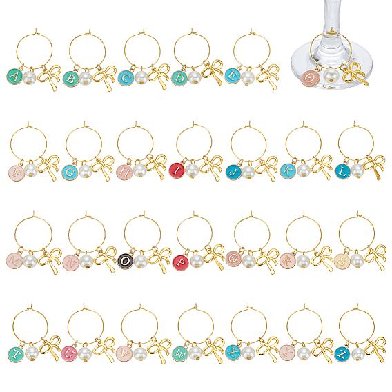 26шт стеклянные подвески для бокалов для вина, с эмалевым сплавом и акриловыми подвесками с имитацией жемчуга, латунное кольцо-подвеска для бокала для вина, бантом, золотые