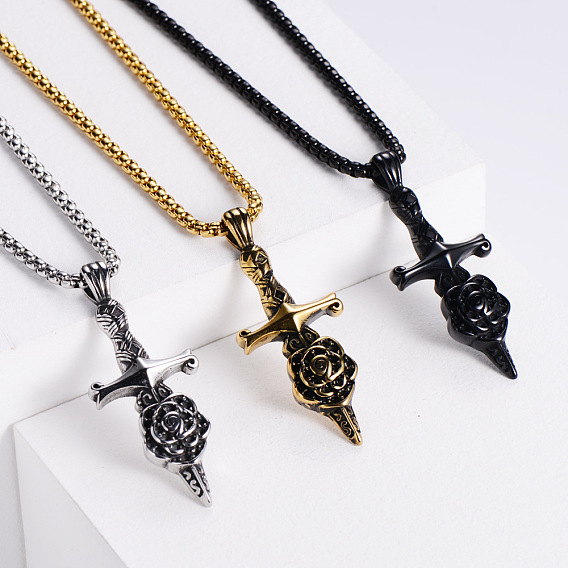 304 Мужские ожерелья с подвеской в виде цветочного меча из нержавеющей стали