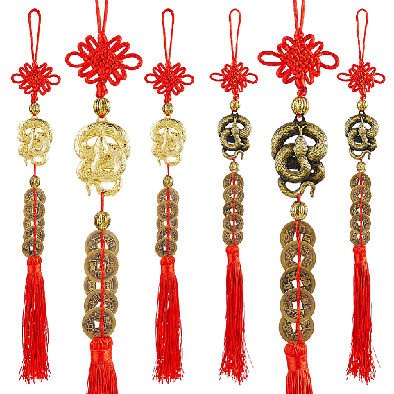 6 шт. 2 подвески из цветного сплава в виде змеи и монеты, Подвесные украшения для автомобиля с кисточками из полиэстера в китайском стиле