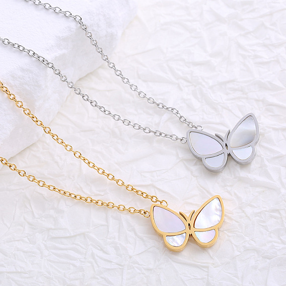 Ожерелья из нержавеющей стали с подвеской в виде бабочки из натуральной белой ракушки для женщин