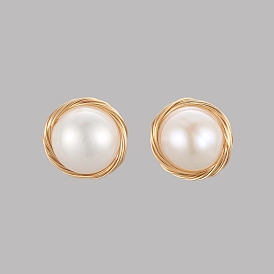 Stud Earrings, with Natural Cultured Freshwater Pearl, Brass Ear Nuts and 304 Stainless Steel Stud Earring Findings