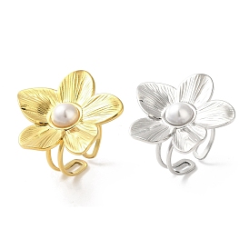 304 Stainless Steel Flower Open Cuff Ring for Women, with ABS Plastic Imitation Pearls