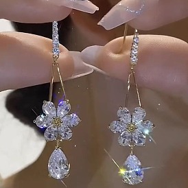 Серьги-подвески из цинкового сплава с кристаллами и стразами, цветок с каплей