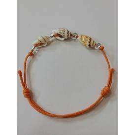 Adjustable Waxed Cotton Cord Bracelets, with Natural Sea Shell Beads and Glass Seed Beads