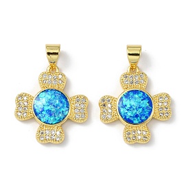 Brass Micro Pave Cubic Zirconia Pendants, with Synthetic Opal, Cross