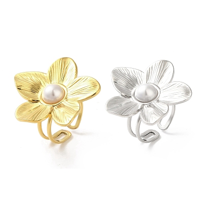 304 anneau de manchette ouvert fleur en acier inoxydable pour femme, avec des perles d'imitation en plastique ABS