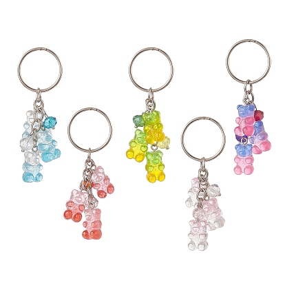 Gradient Color Transparent Resin Bear Charm Keychain, with Iron Key Rings