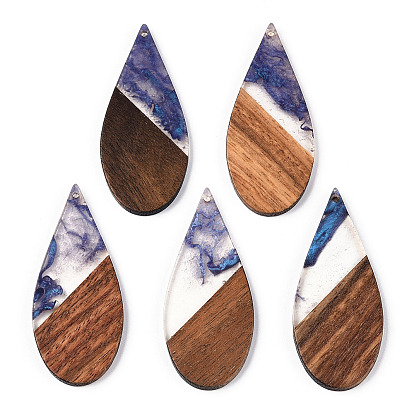 Transparent Resin & Walnut Wood Big Pendants, Teardrop Charms