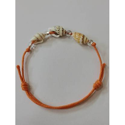 Adjustable Waxed Cotton Cord Bracelets, with Natural Sea Shell Beads and Glass Seed Beads