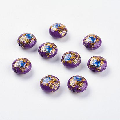 Flower Printed Resin Beads, Flat Round