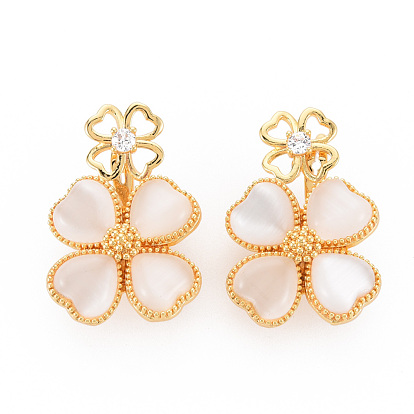 Brass Micro Pave Clear Cubic Zirconia Twister Clasps, with Shell, Nickel Free, Flower