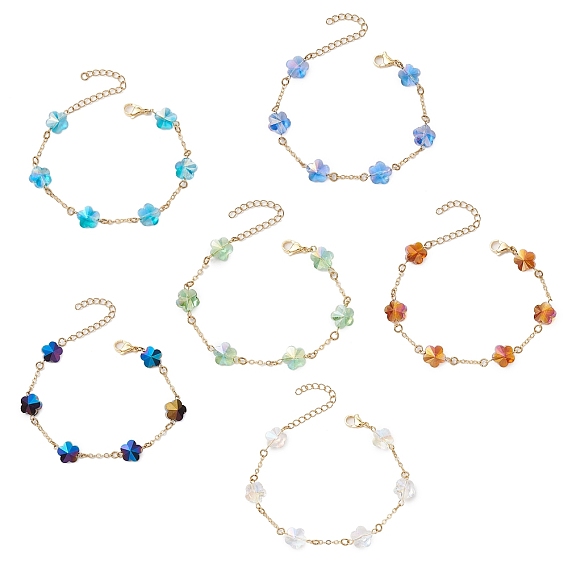 Латунные кабельные цепи бусины браслеты для женщин, слива, с гальваническими стеклянными бусинами и 304 фурнитурой из нержавеющей стали