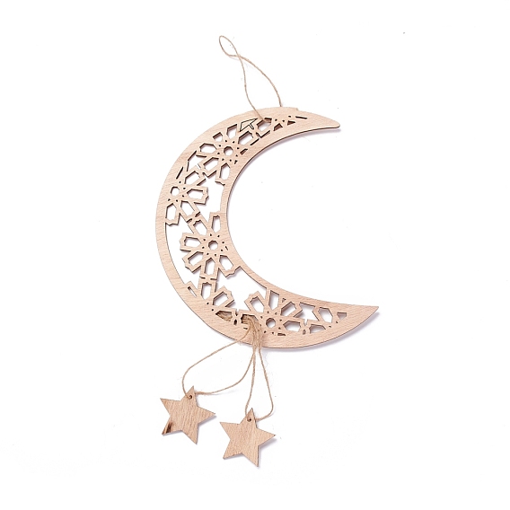 Moon & Flower Unfinished Wood Pendant Ornament, Ramadan Mubarak Eid Pendant, with Hemp Rope, for Home Wall Festive Decorations