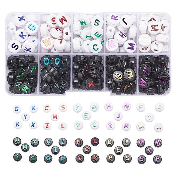 180Pcs 10 Style Opaque Black Acrylic Beads, Flat Round with Random Letters