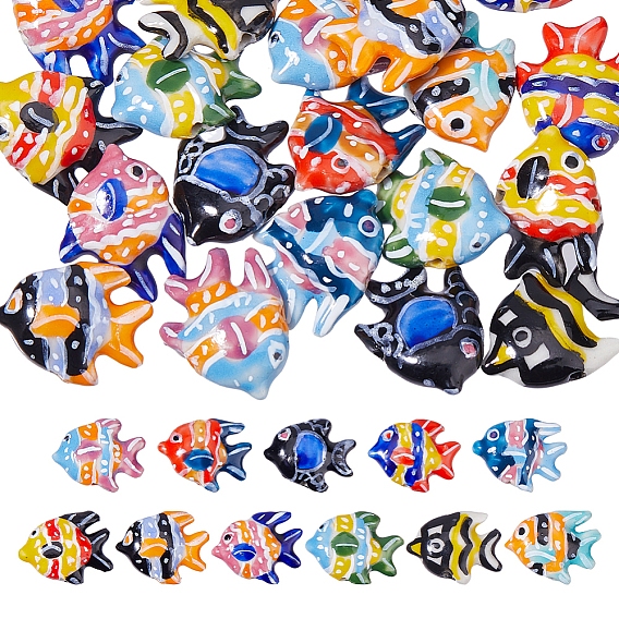 22Pcs 11 Colors Handmade Porcelain Beads, Hand Painted Fish