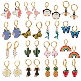 SUNNYCLUE DIY Earring Making, with Brass Huggie Hoop Earring Findings and Alloy Enamel Pendants, Mixed Shapes