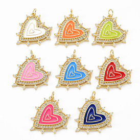 Brass Micro Pave Clear Cubic Zirconia Pendants, with Enamel and Jump Ring, Real 16K Gold Plated, Heart, Nickel Free