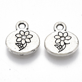 Tibetan Style Alloy Charms, Cadmium Free & Lead Free, Flat Round with Flower & Word Grow