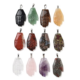 Gemstone Carved Pendants, Hand Charms with Platinum Platinum Tone Metal Snap on Bails