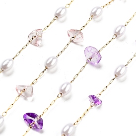 Handmade Dyed Natural Quartz Crystal and ABS Imitation Pearl Beaded Chains, with Ion Plating(IP) 304 Stainless Steel Paperclip Chains, Unwelded, Real 18K Gold Plated