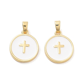 Rack Plating Brass Enamel Pendants, Cadmium Free & Lead Free, Long-Lasting Plated, Real 18K Gold Plated, Flat Round with Cross Charm