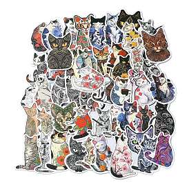 50Pcs Cat in Flower Tattoo PVC Waterproof Stickers, Self-adhesive Decals, for Suitcase, Skateboard, Refrigerator, Helmet, Mobile Phone Shell