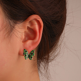 Dark Green Retro Butterfly Earrings Female Metal Drip Oil Fashion Creative Checkerboard Earrings