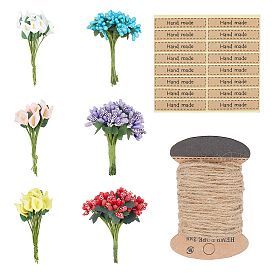 SUPERFINDINGS DIY Gift Decoration, Including 10 Sheets Kraft Paper Sealing Stickers, Rectangle with Word Jute Cord and 6Pcs Plastic & Foam Imitation Flower