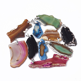 Natural Agate Big Pendants, with Platinum Tone Brass Findings, Dyed, Nuggets