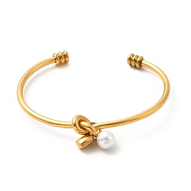 304 bracelet de manchette ouvert en acier inoxydable avec nœud d'amour, breloques cœur et perle acrylique bracelet torque pour femme