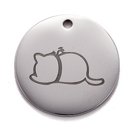 Stainless Steel Pendants, Manual Polishing, Flat Round with Cat